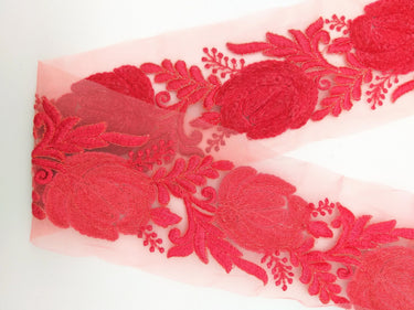 Salmon Pink Soft Net Fabric Lace Trim with Floral Embroidery, Lace Trim, Sari Border